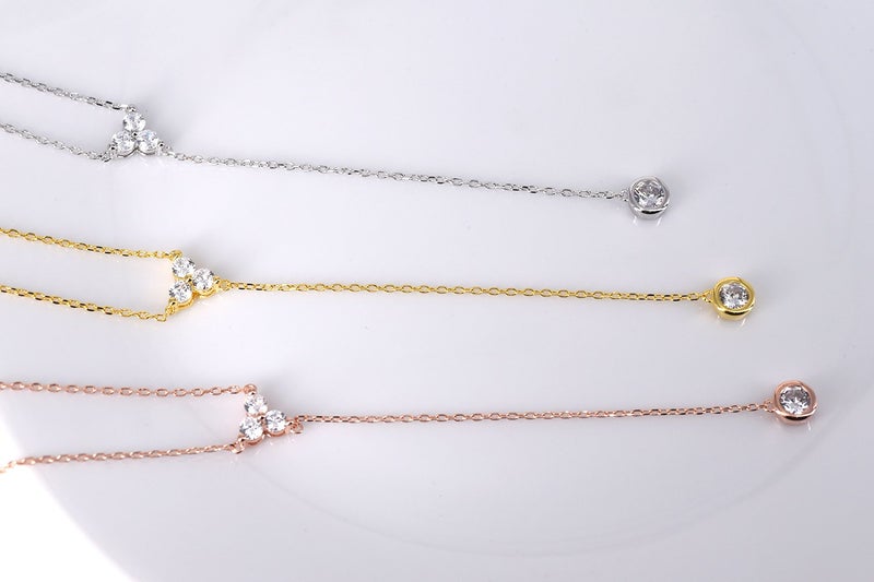 espere Womens Sterling Silver Dainty CZ Lariat Necklace Triple CZ Cluster Y-Shaped Necklace Platinum Plated - Image 5